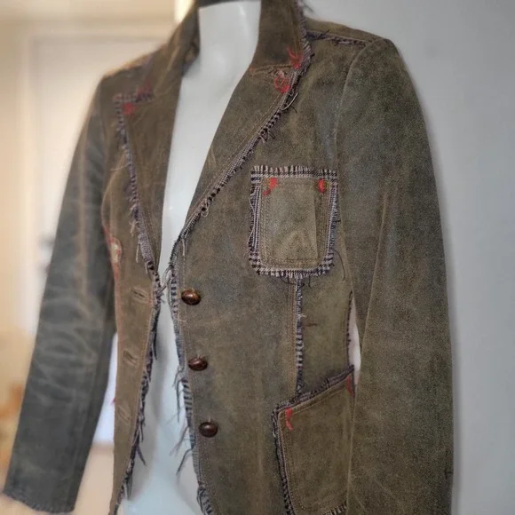 RAW Vintage Distressed Brown Suede Leather Blazer Jacket Applique Buttons M sexy - Picture 4 of 16